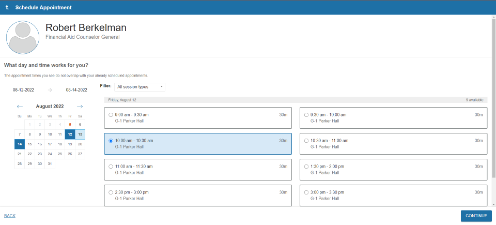Screen shot of scheduling an appointment with a calendar and time slots for meetings.